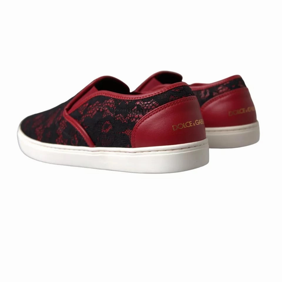 Dolce & Gabbana Black Red Lace Slip On Low Top Sneakers Shoes Flat Shoes That Are Comfortable