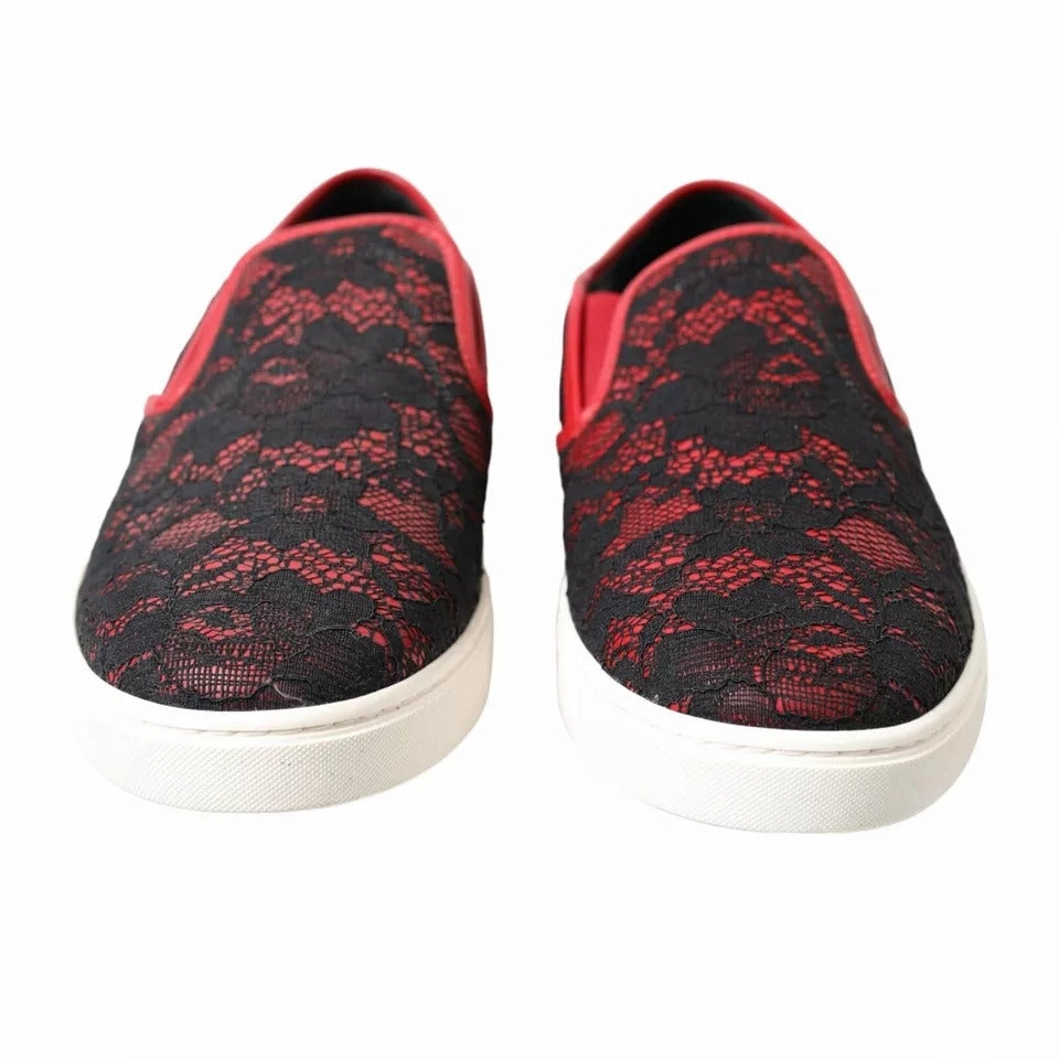 Dolce & Gabbana Black Red Lace Slip On Low Top Sneakers Shoes Flat Shoes With A Strap Across The Ankle