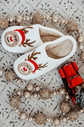 Christmas Rudolph Slippers for Women in White | KDC-SLPR-129-WHT Victorian Slippers