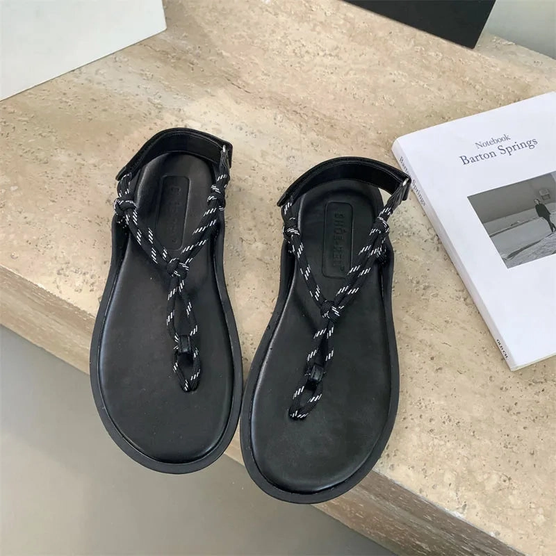 binfenxie  -  Red Flat Sandals Brown Flip Flops Women Plait Rope Summer Shoes  Casual Ladies Flats Shoes Black Sandalias Mujer 2024 Socks And Flip Flops