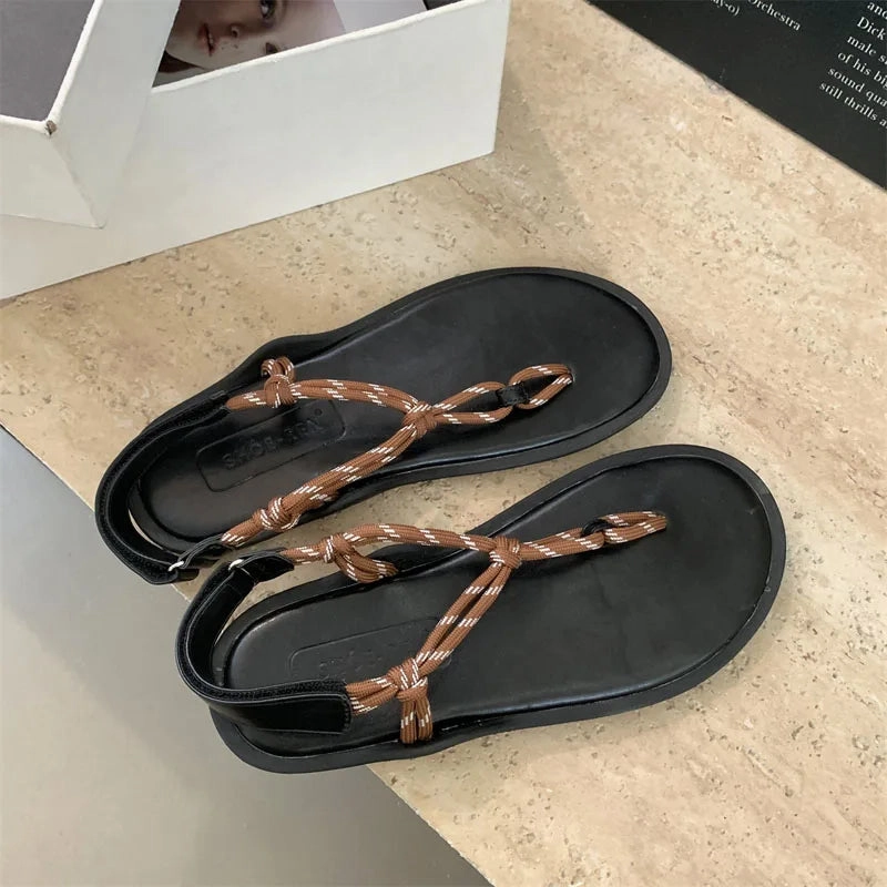 binfenxie  -  Red Flat Sandals Brown Flip Flops Women Plait Rope Summer Shoes  Casual Ladies Flats Shoes Black Sandalias Mujer 2024 Womens Flip Flops