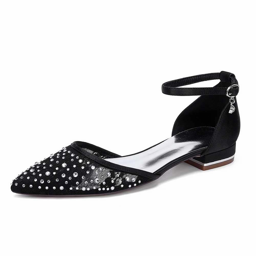 Women Lace Satin Flat Shoes Rhinestones Ballet Flats Sparkle Wedding Shoes Flat Shoes Prom Dresses