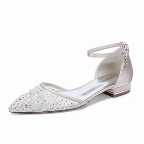 Women Lace Satin Flat Shoes Rhinestones Ballet Flats Sparkle Wedding Shoes Powerlifting Flat Shoes